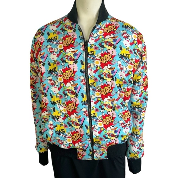 COMIC BOOK BOMBER JACKET CARTOON POW  POP GRAPHIC BLUE RED MULTICOLOURED MEDIUM - Picture 1 of 11